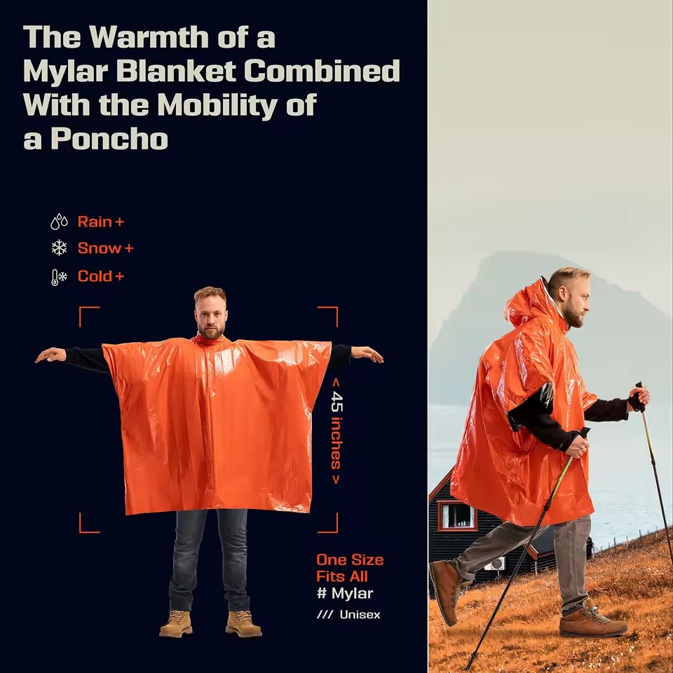 Survival Blanket Reflective - معطف واقٍ من المطر للطوارئ، معطف